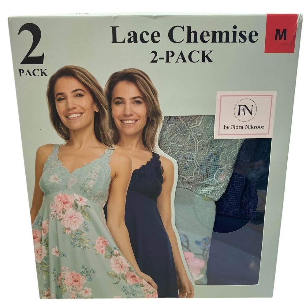 FN By Flora Nikrooz Lace Chemise Nightgown‎ Women's M Navy Green Floral 2 Pack
